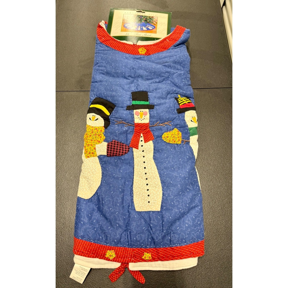 Vintage Hawthorne Hill Snowman Quilted Christmas Tree Skirt 54 Blue Red Cotton